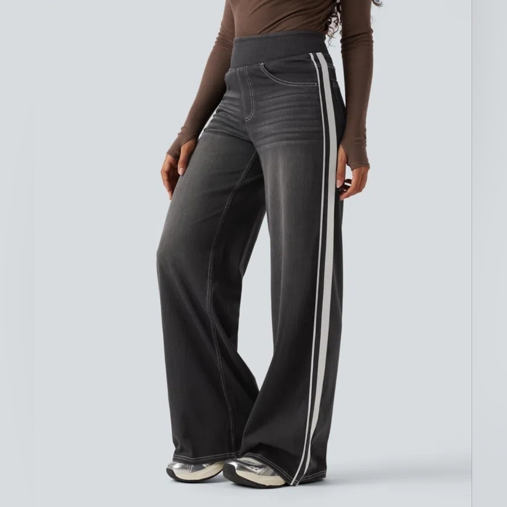 NWT Halara Flex High Waisted Stripe Wide Leg Flowy Washed Casual Jeans - Picture 3 of 8